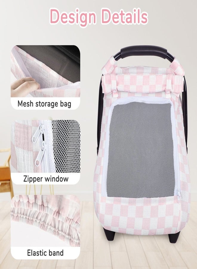 DAYEEBALL Summer Baby Car Seat Cover, Muslin Carseat Cover for Infant Boys Girls with Large Mesh Window, Breathable Newborn Car Seat Canopy, Pink Checkerboard - Image 3
